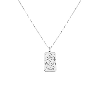 solid white gold octagon pendant necklace personalized with natal chart zodiac signs of the sun the moon and ascendant, a birth date and an alchemy element