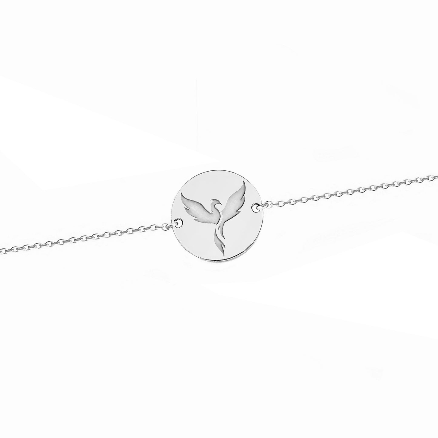 solid white gold bracelet with a 14mm disc charm engraved with a phoenix firebird rising