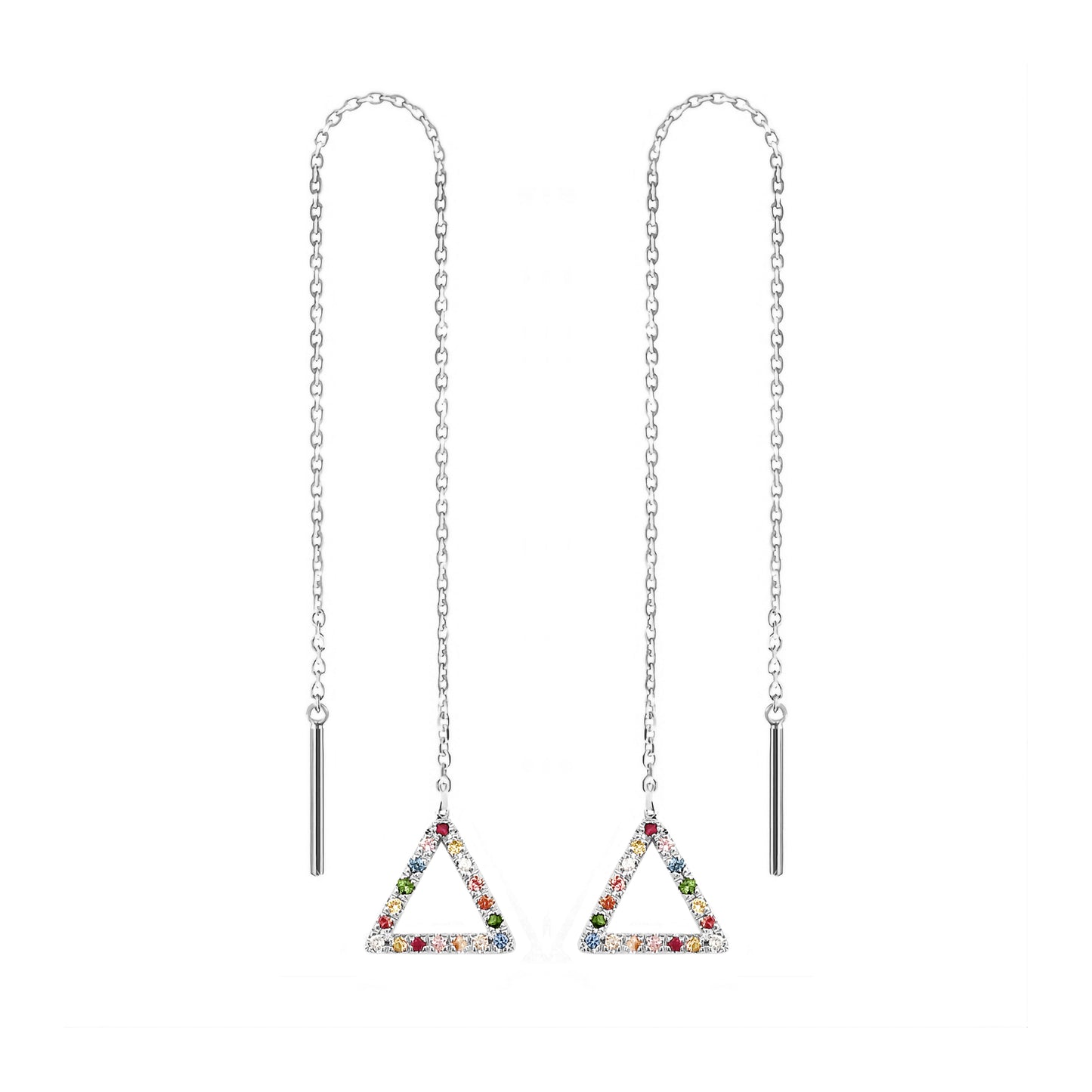 a pair of solid white gold threader earrings with a small triangle at the end set with rainbow sapphires
