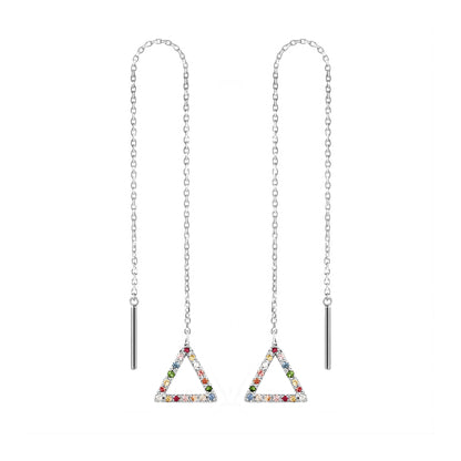 a pair of solid white gold threader earrings with a small triangle at the end set with rainbow sapphires