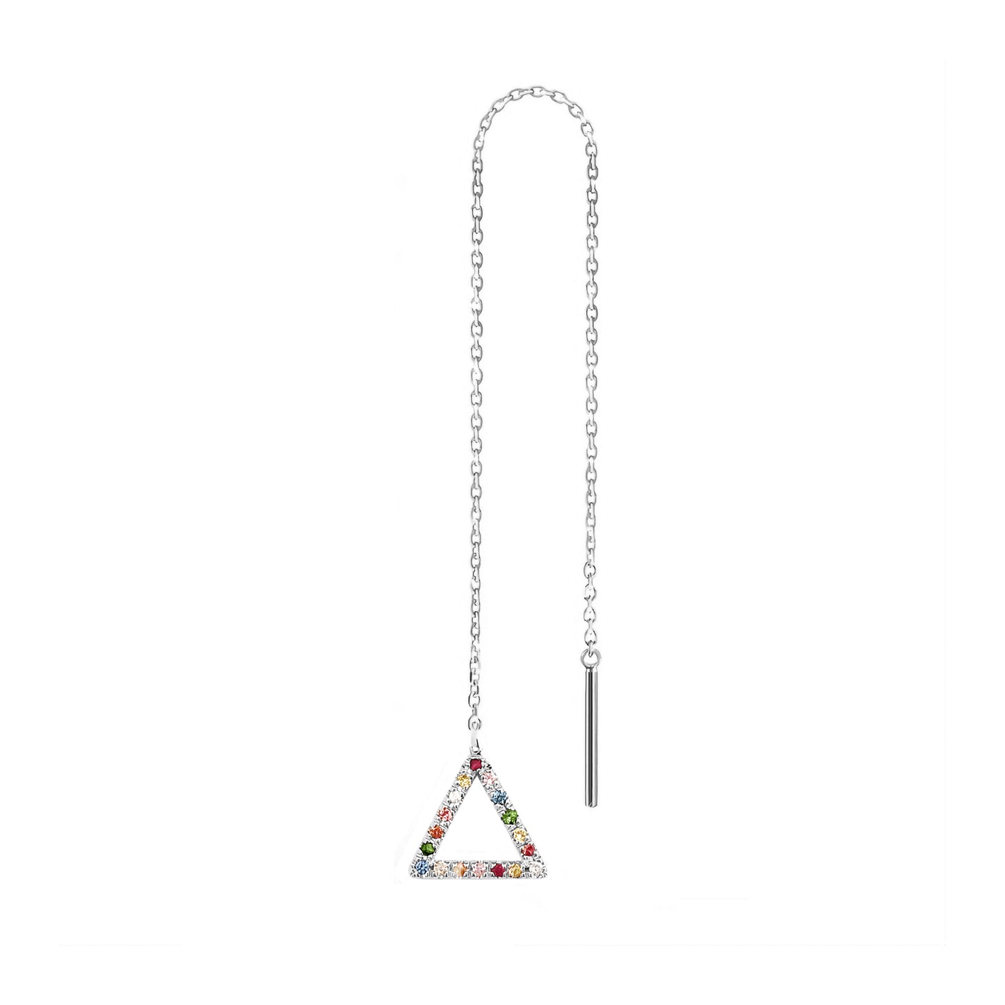 solid white gold single threader earring with a small triangle at the end set with rainbow sapphires