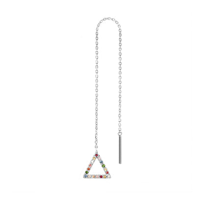 solid white gold single threader earring with a small triangle at the end set with rainbow sapphires