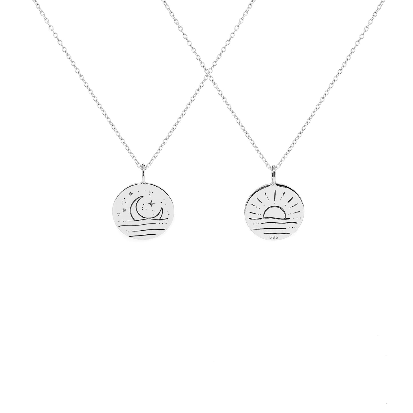 solid white gold necklace with reversible pendant engraved with a moon on one side and a sun on the other side 