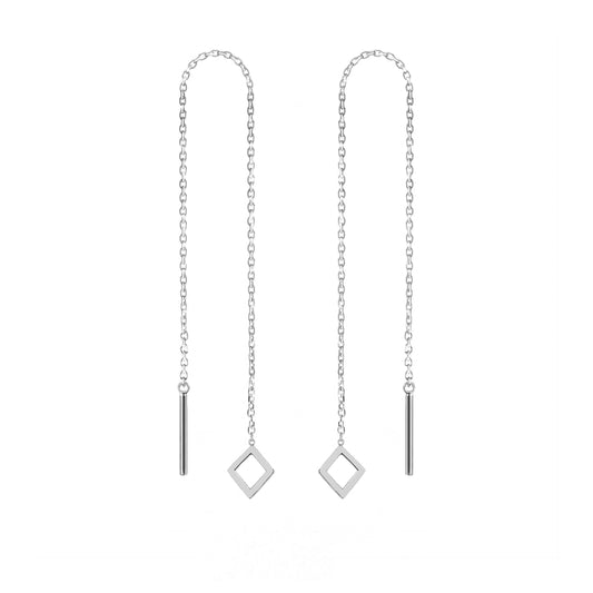 pair of solid white gold threader pull through earrings with tiny rhombus