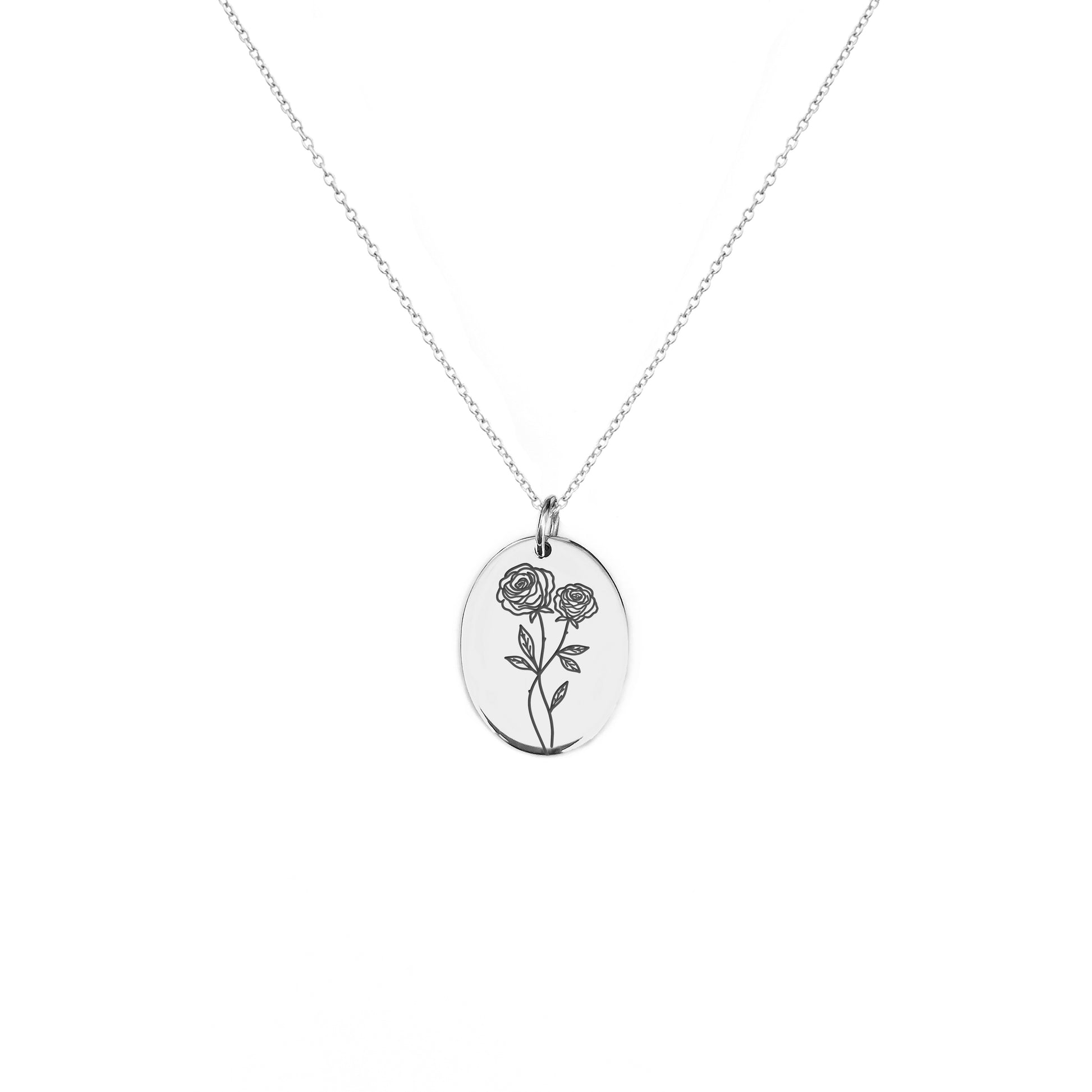 solid white gold oval pendant necklace engraved with a Rose the birth flower of June