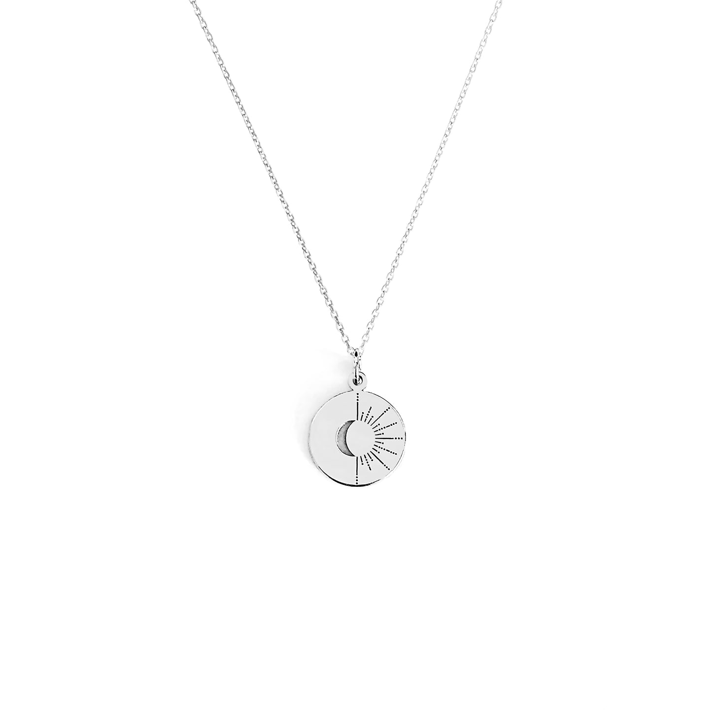 Solid white necklace with a circular pendant featuring a moon and sun design on a white background