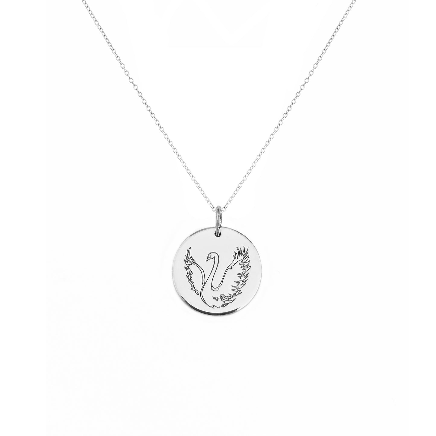 solid white gold necklace with a 14mm disc pendant engraved with a swan with open wings
