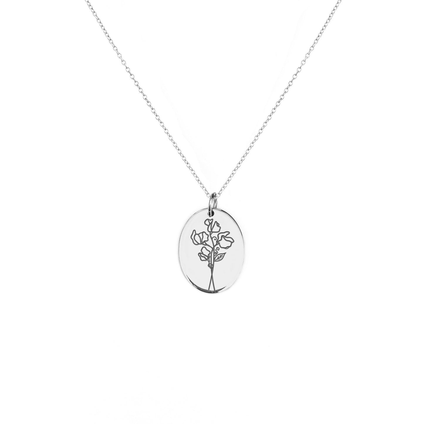 solid white gold oval pendant necklace engraved with the birth flower of April Sweet Pea