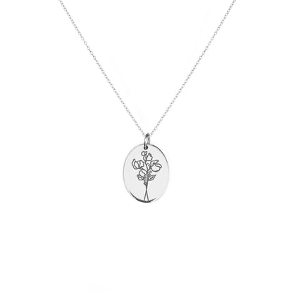 solid white gold oval pendant necklace engraved with the birth flower of April Sweet Pea