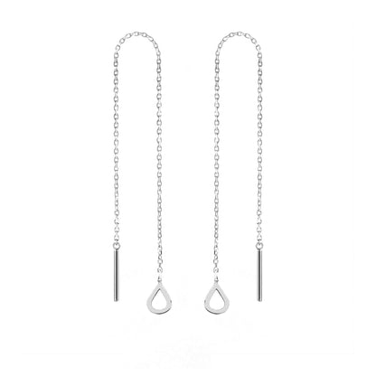 pair of solid white gold threader pull through earrings with tiny teardrops