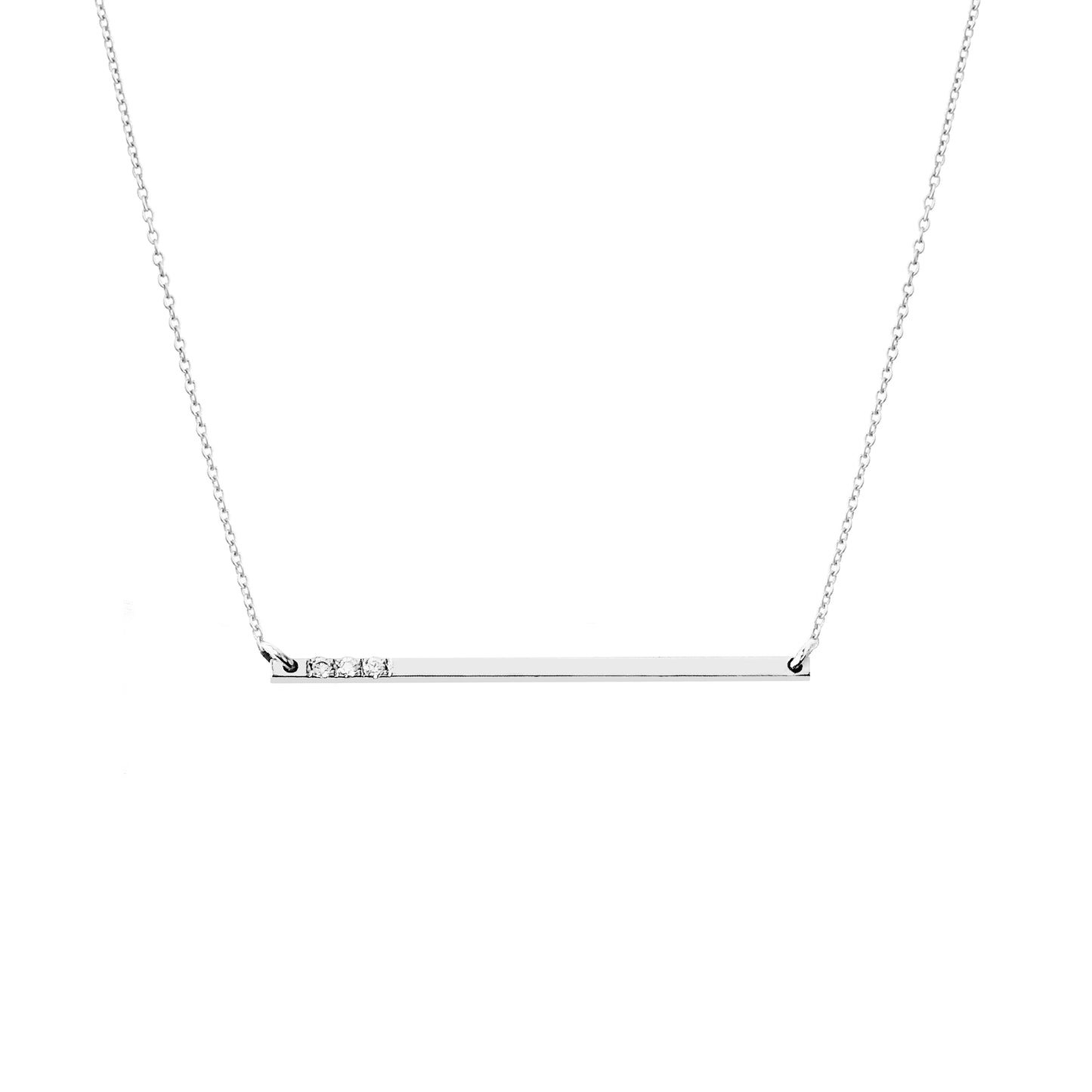 solid white gold thin bar necklace set with three tiny white diamonds