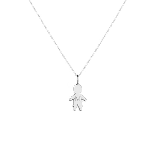 solid white gold necklace with tiny boy outline charm engraved with a monogram