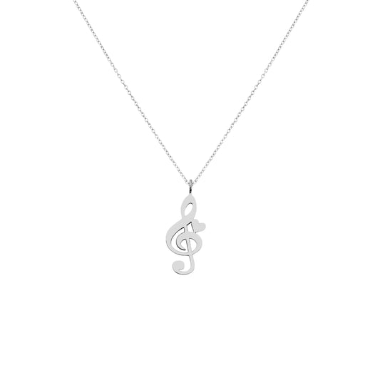 solid white gold necklace with a treble clef pendant adorned with a tiny heart