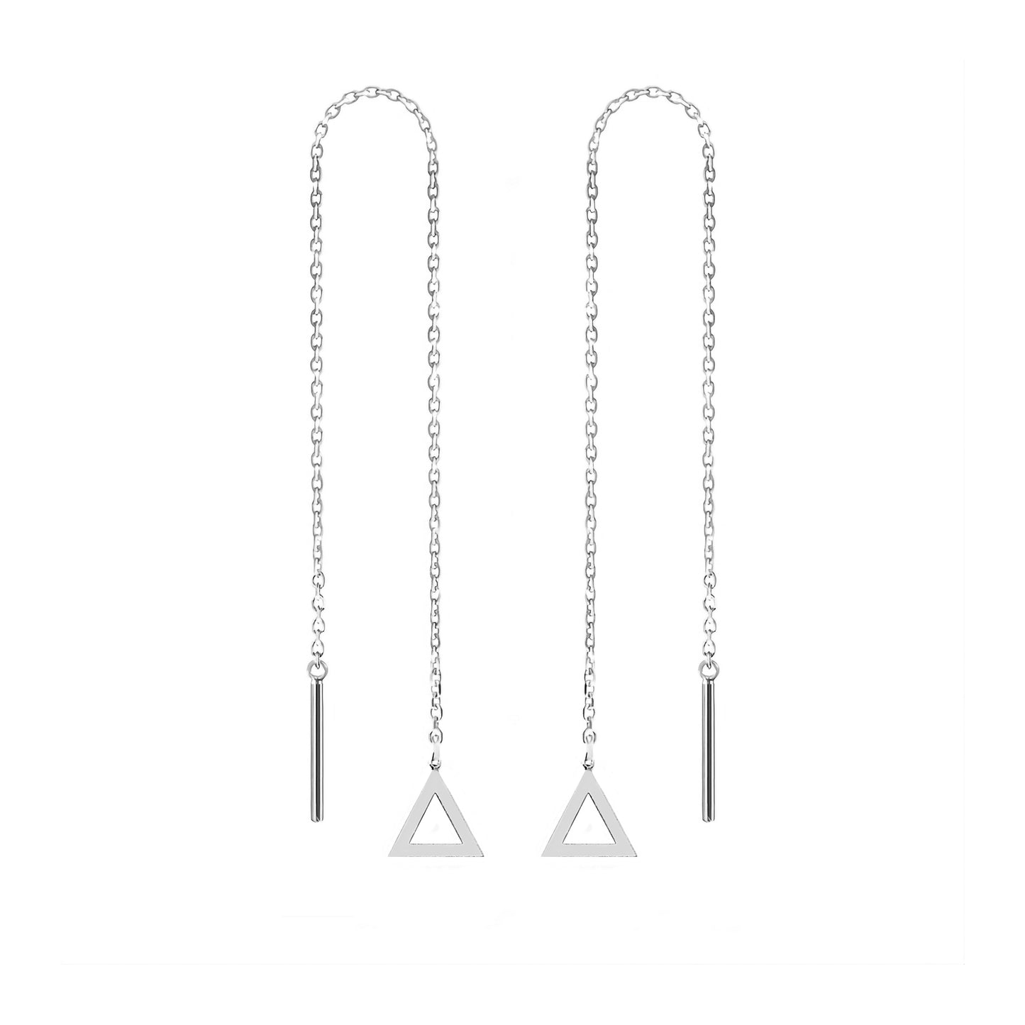 pair of solid white gold threader pull through earrings with tiny triangles