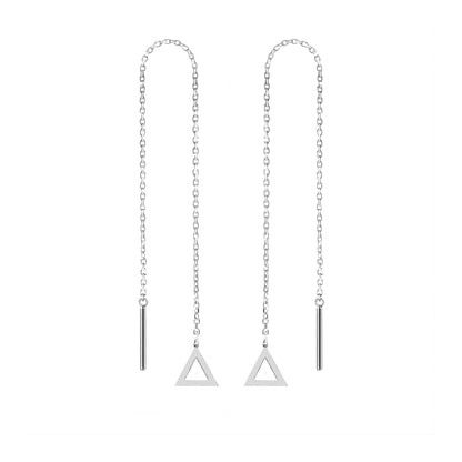 pair of solid white gold threader pull through earrings with tiny triangles