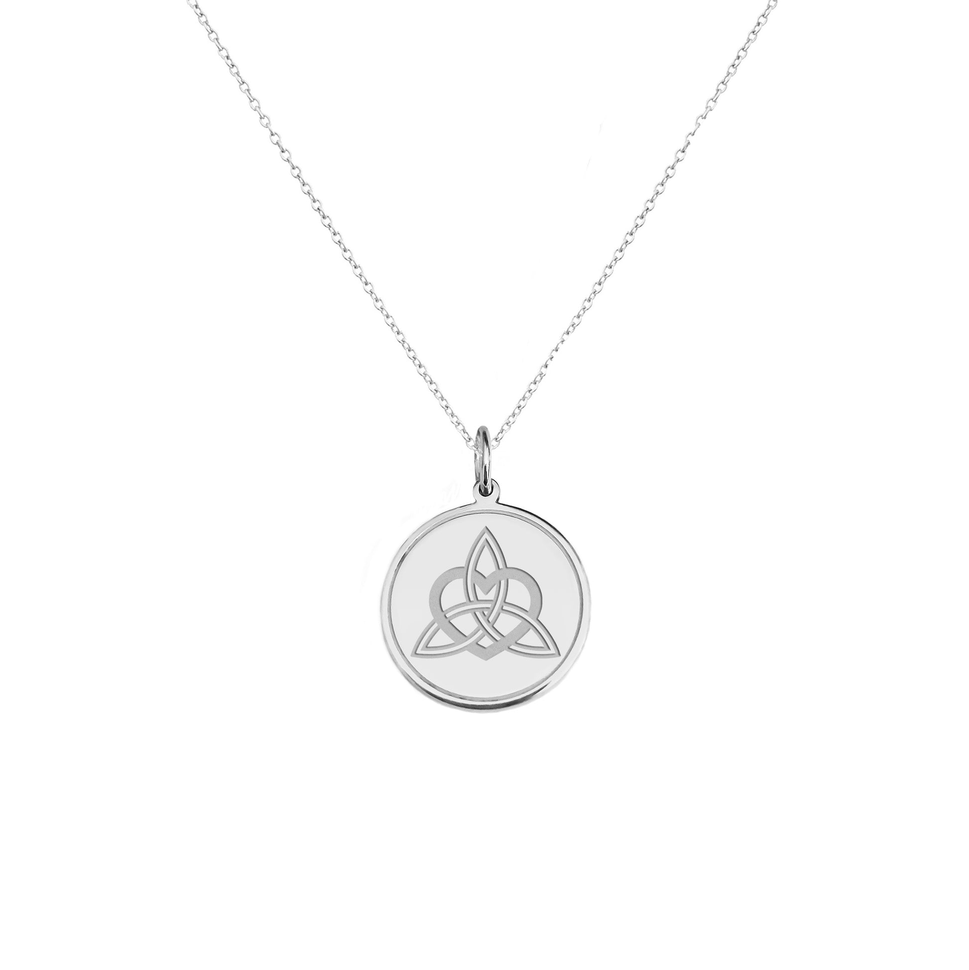 solid white gold disc pendant necklace engraved with a triquetra everlasting love celtic knot with a circle frame around it