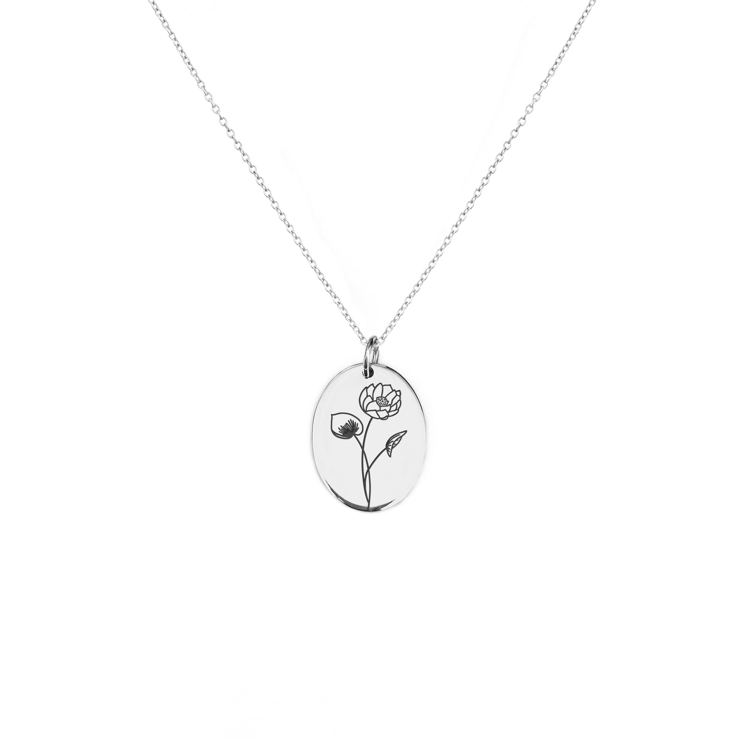 solid white gold oval pendant necklace engraved with a Water Lily the birth flower of July 