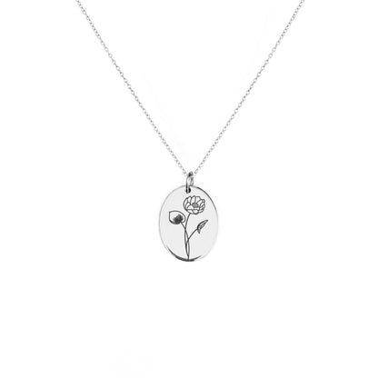 solid white gold oval pendant necklace engraved with a Water Lily the birth flower of July 
