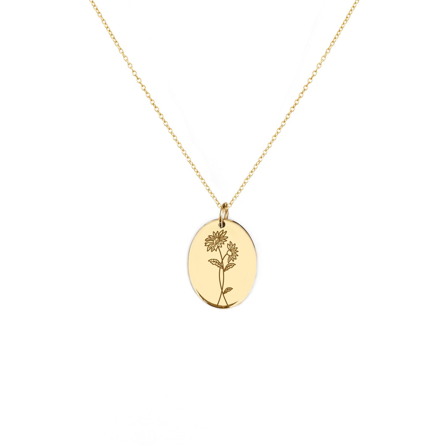 solid yellow gold oval pendant necklace engraved with Aster birth flower of September 