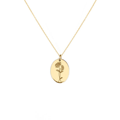 solid yellow gold oval pendant necklace engraved with Aster birth flower of September 