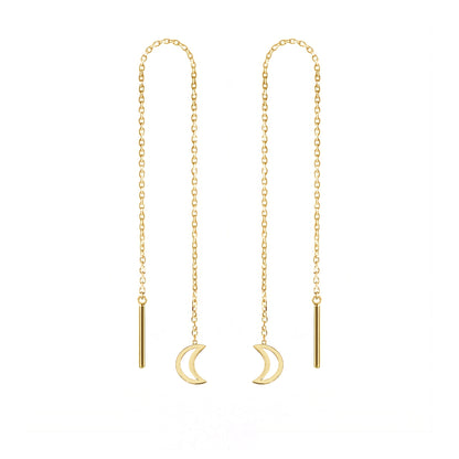 pair of solid yellow gold threader pull through earrings with tiny crescent moons