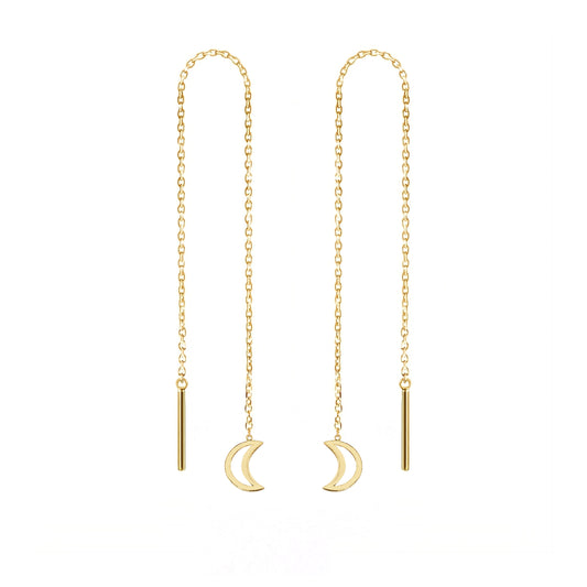 pair of solid yellow gold threader pull through earrings with tiny crescent moons