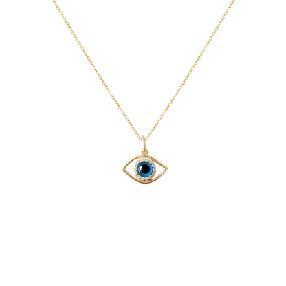 Gold necklace with an evil eye pendant set with diamonds on a white background