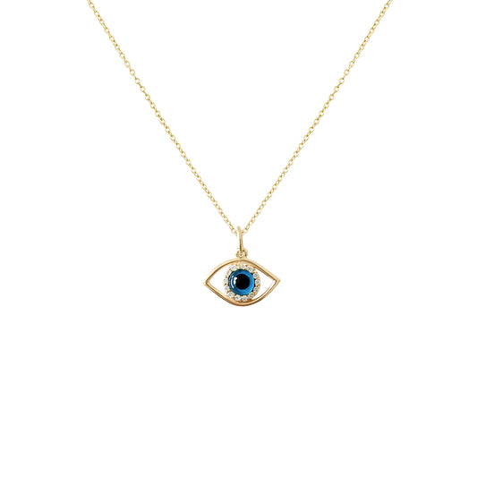 Gold necklace with an evil eye pendant set with diamonds on a white background