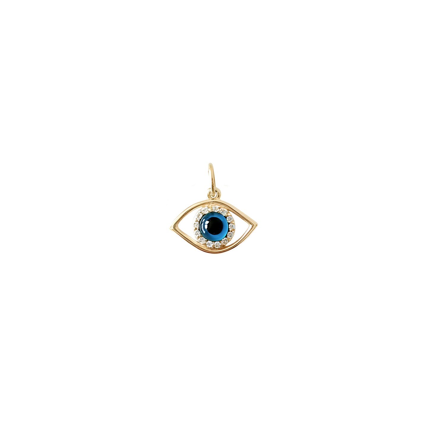 Solid yellow gold eye-shaped pendant with a blue iris in the center surrounded by white diamonds on a white background
