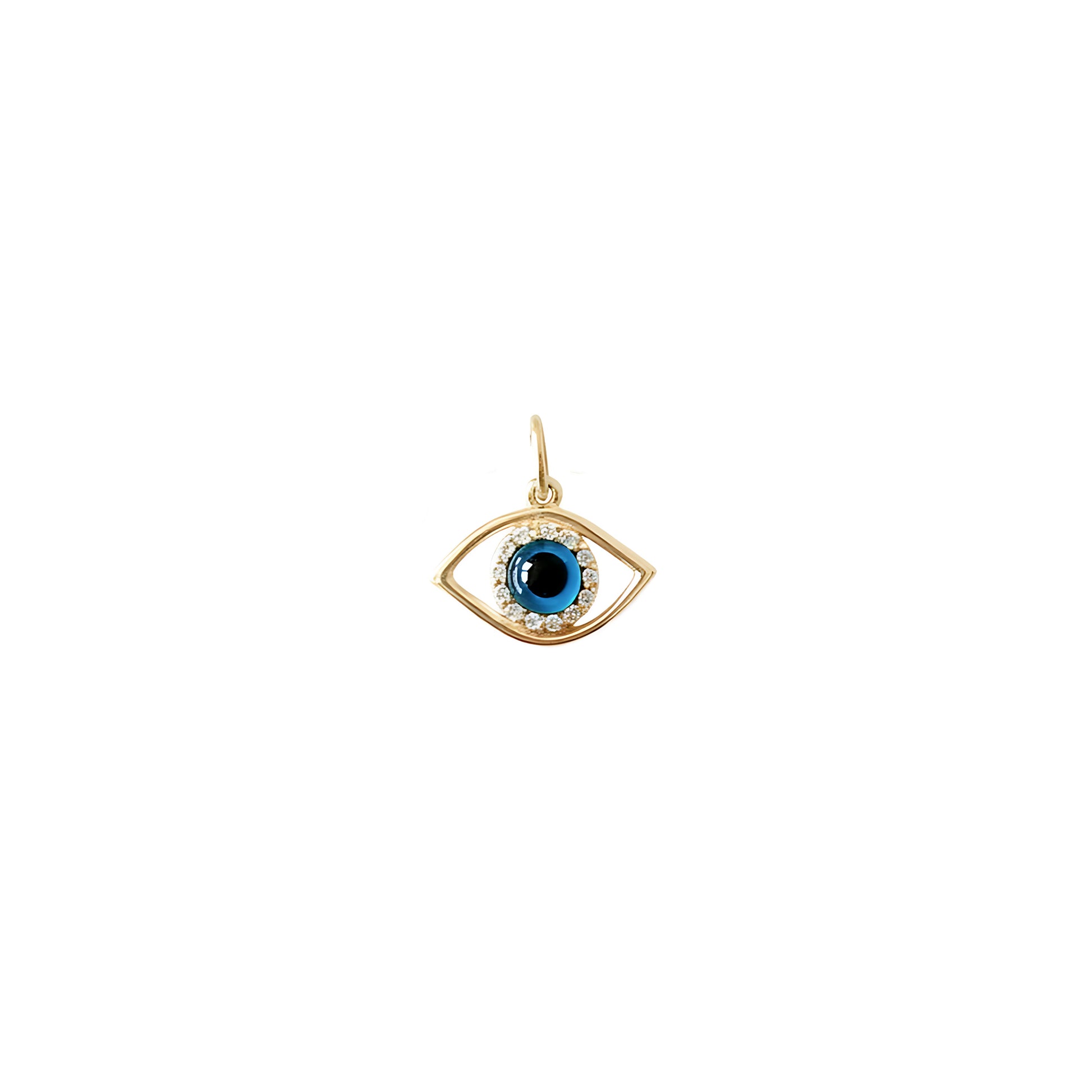 Solid yellow gold eye-shaped pendant with a blue iris in the center surrounded by white diamonds on a white background