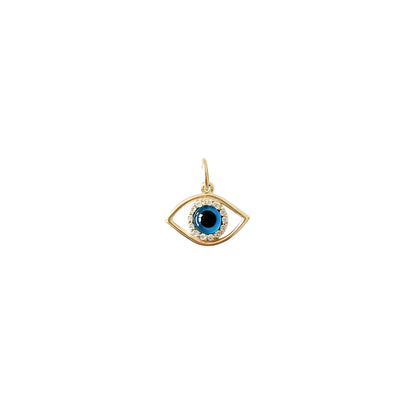 Solid yellow gold eye-shaped pendant with a blue iris in the center surrounded by white diamonds on a white background