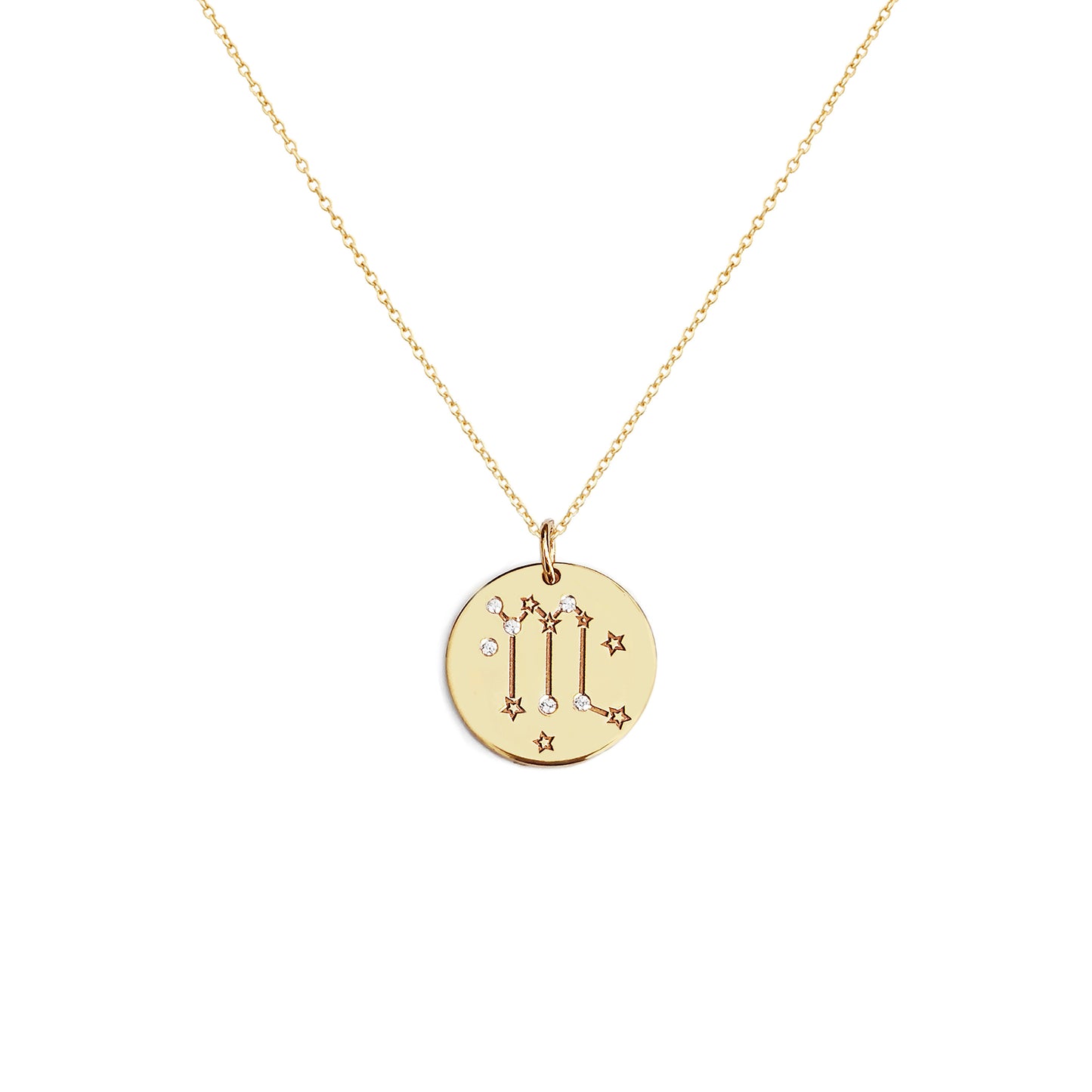 solid yellow gold necklace with a 14mm disc pendant engraved with a zodiac sign and set with six tiny diamonds