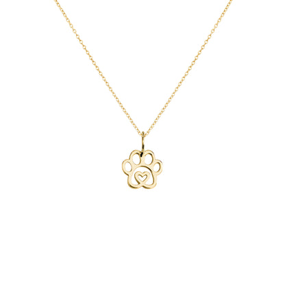 solid yellow gold necklace with a tiny dog paw print pendant with a heart in the center