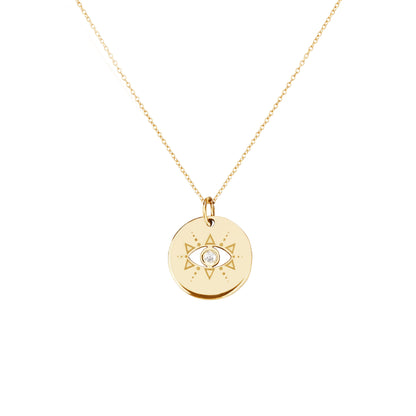 solid yellow gold evil eye disc pendant necklace set with a diamond in the center