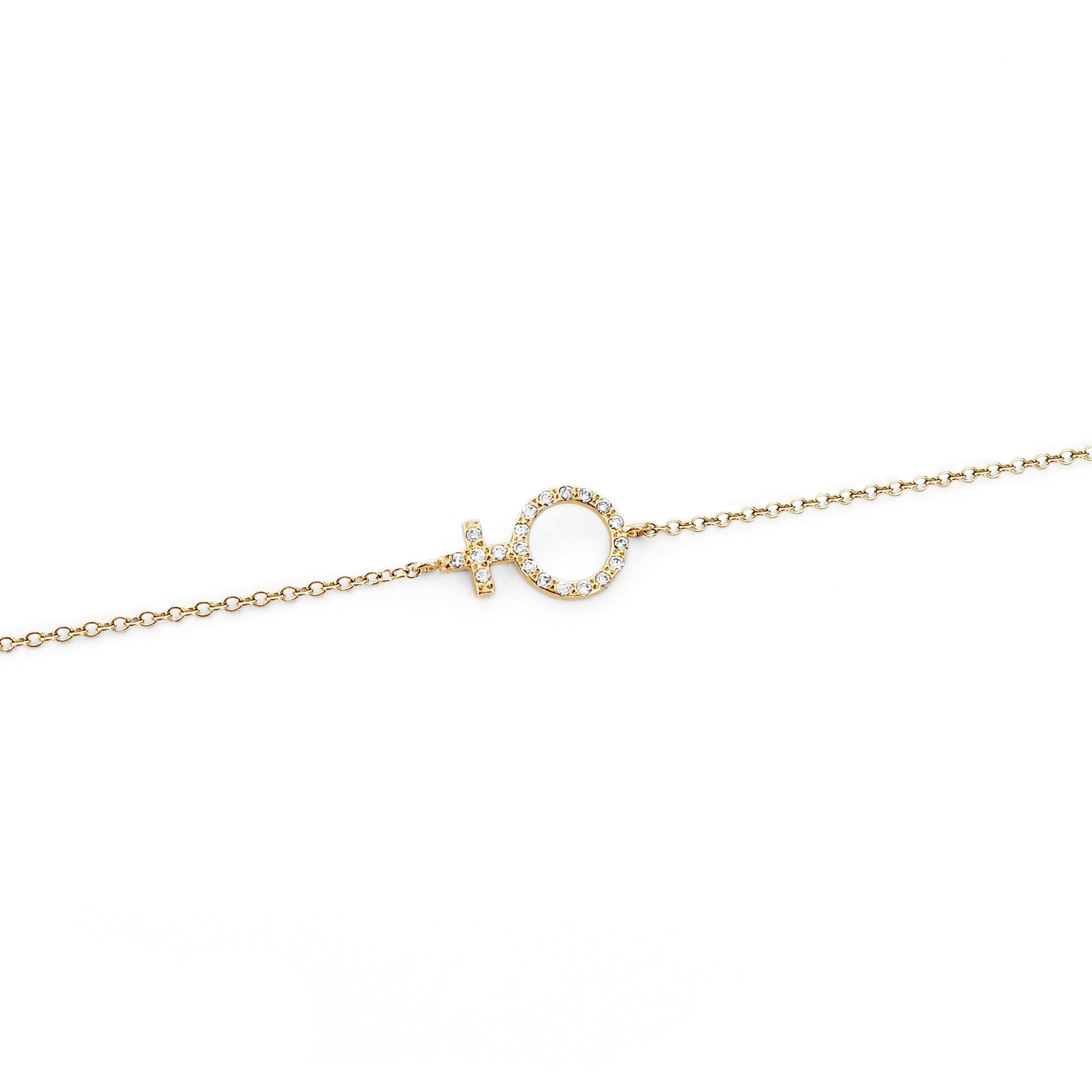 solid yellow gold bracelet with a venus female symbol charm set with tiny diamonds