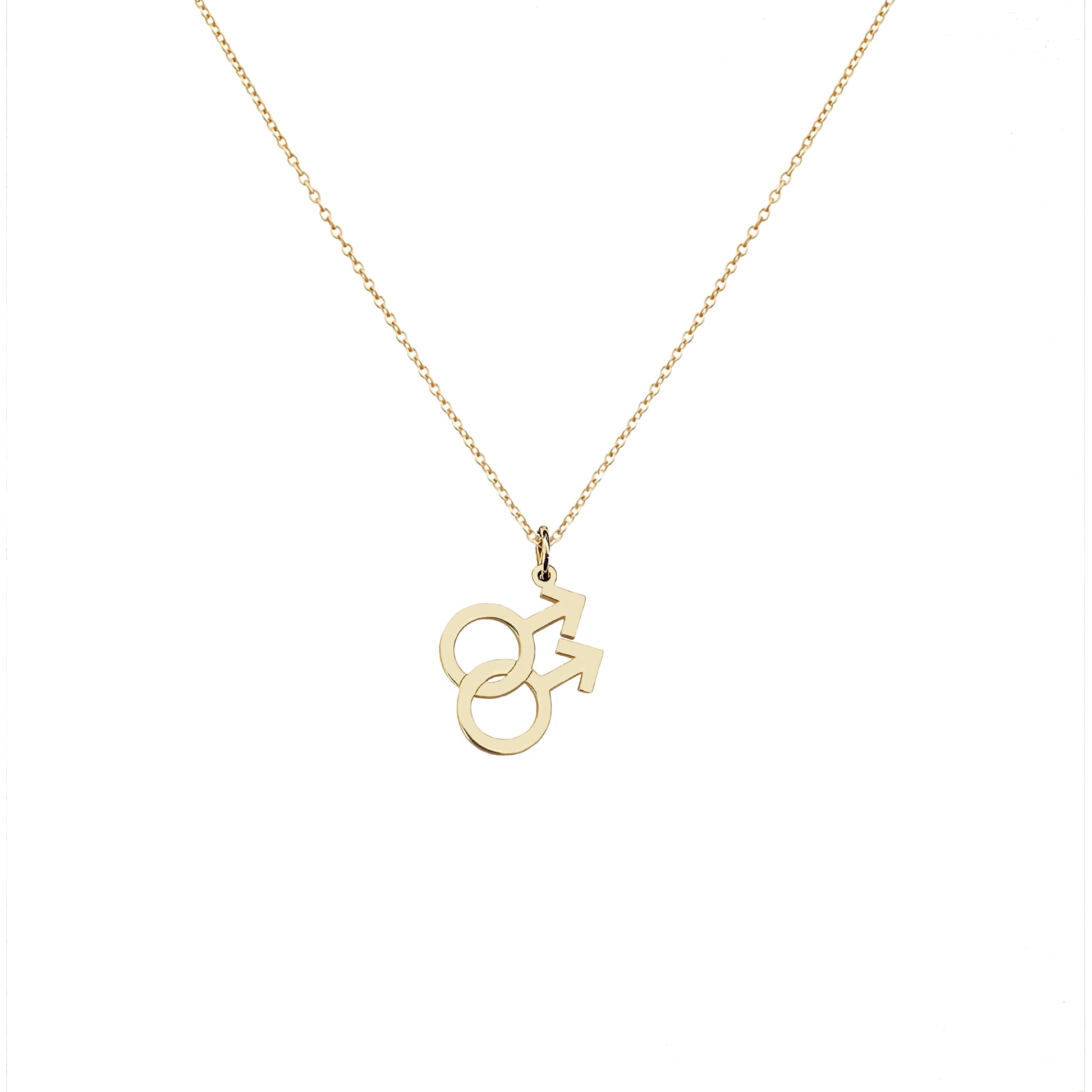 Solid yellow gold necklace with a small double mars gay symbol pendant on a white background