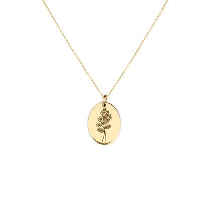 solid yellow gold oval pendant necklace engraved with the birth flower of May Hawthorn