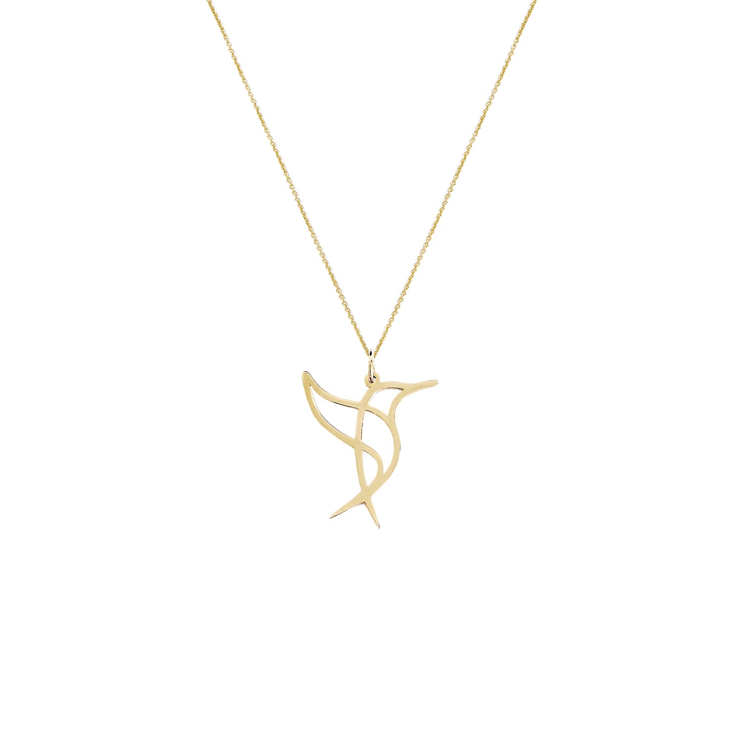 Solid yellow gold necklace with a cutout origami style pendant in the shape of a hummingbird