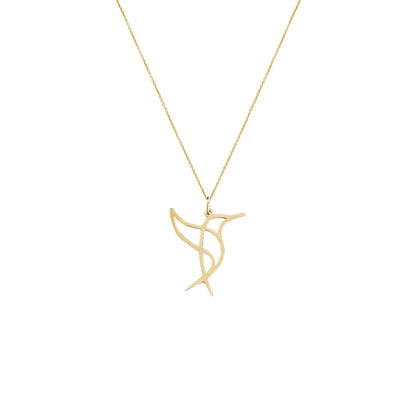 Solid yellow gold necklace with a cutout origami style pendant in the shape of a hummingbird