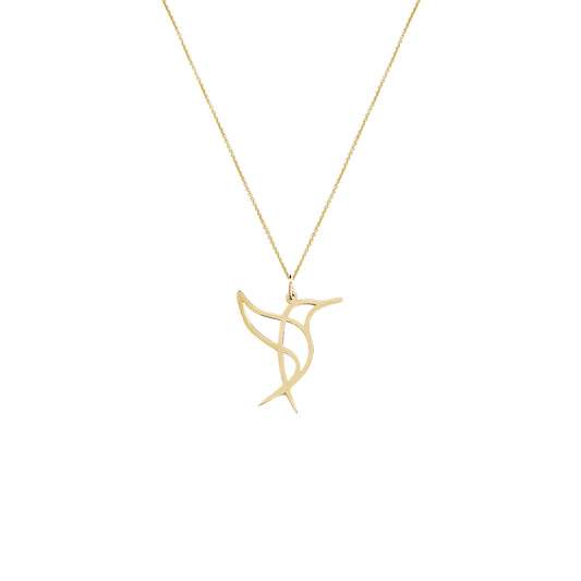 Solid yellow gold necklace with a cutout origami style pendant in the shape of a hummingbird