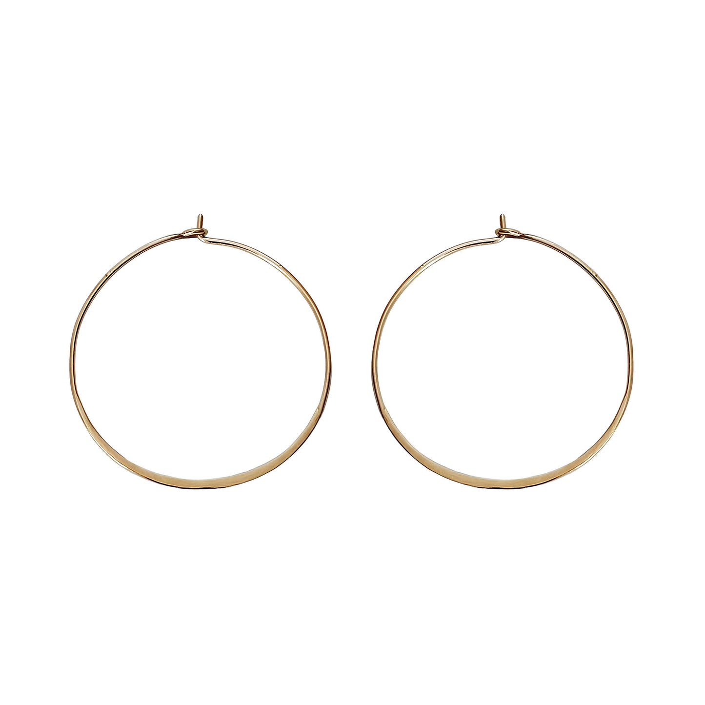 pair of solid yellow gold thin hoop earrings 40mm diameter and flattened bottom