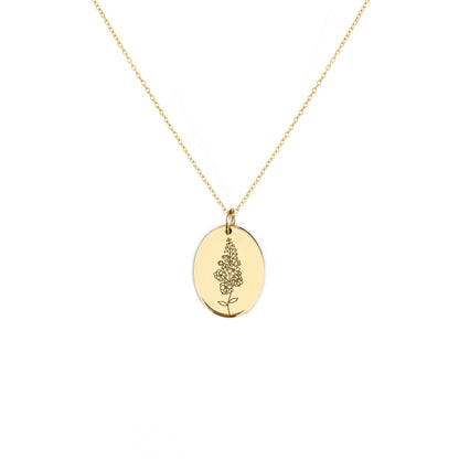 solid yellow gold oval pendant necklace engraved with a Larkspur the birth flower of July 