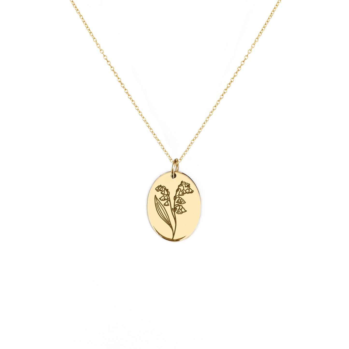 solid yellow gold oval pendant necklace engraved with the birth flower of May Lily if the valley