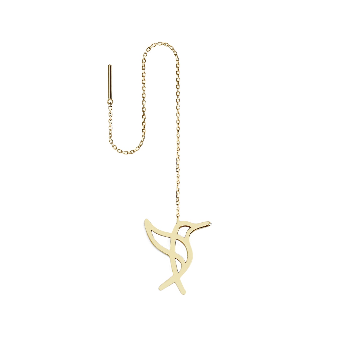 Solid yellow gold hummingbird single threader earring on a white background