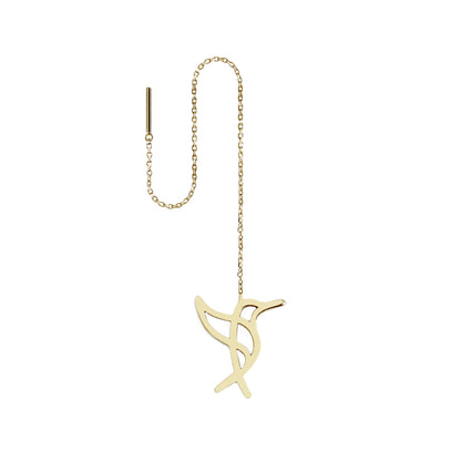 Solid yellow gold hummingbird single threader earring on a white background
