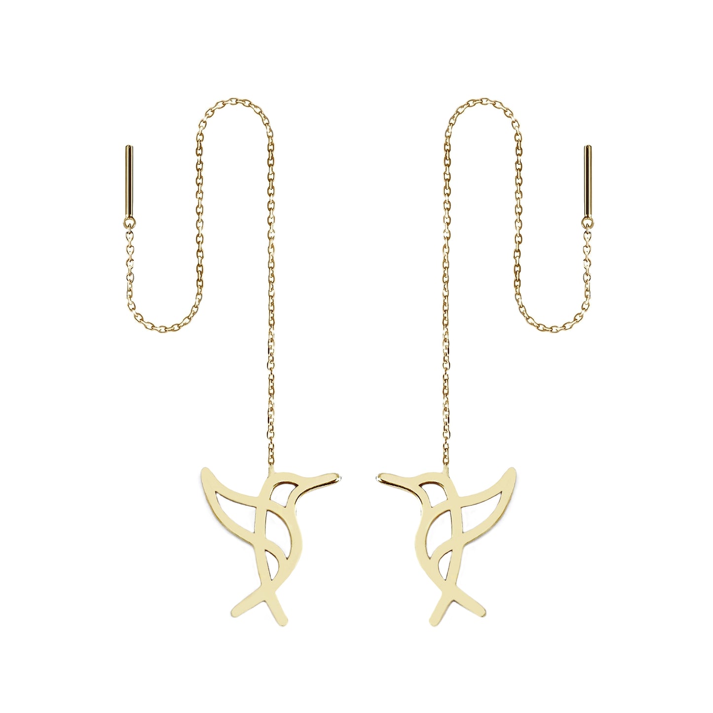 Solid yellow gold hummingbird threader earrings on a white background