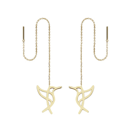 Solid yellow gold hummingbird threader earrings on a white background