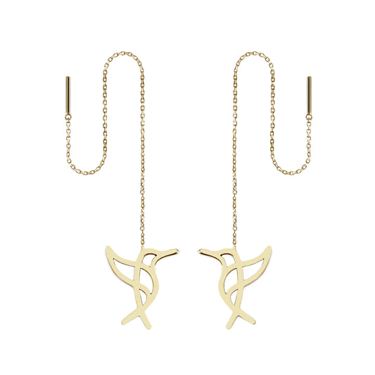 Solid yellow gold hummingbird threader earrings on a white background