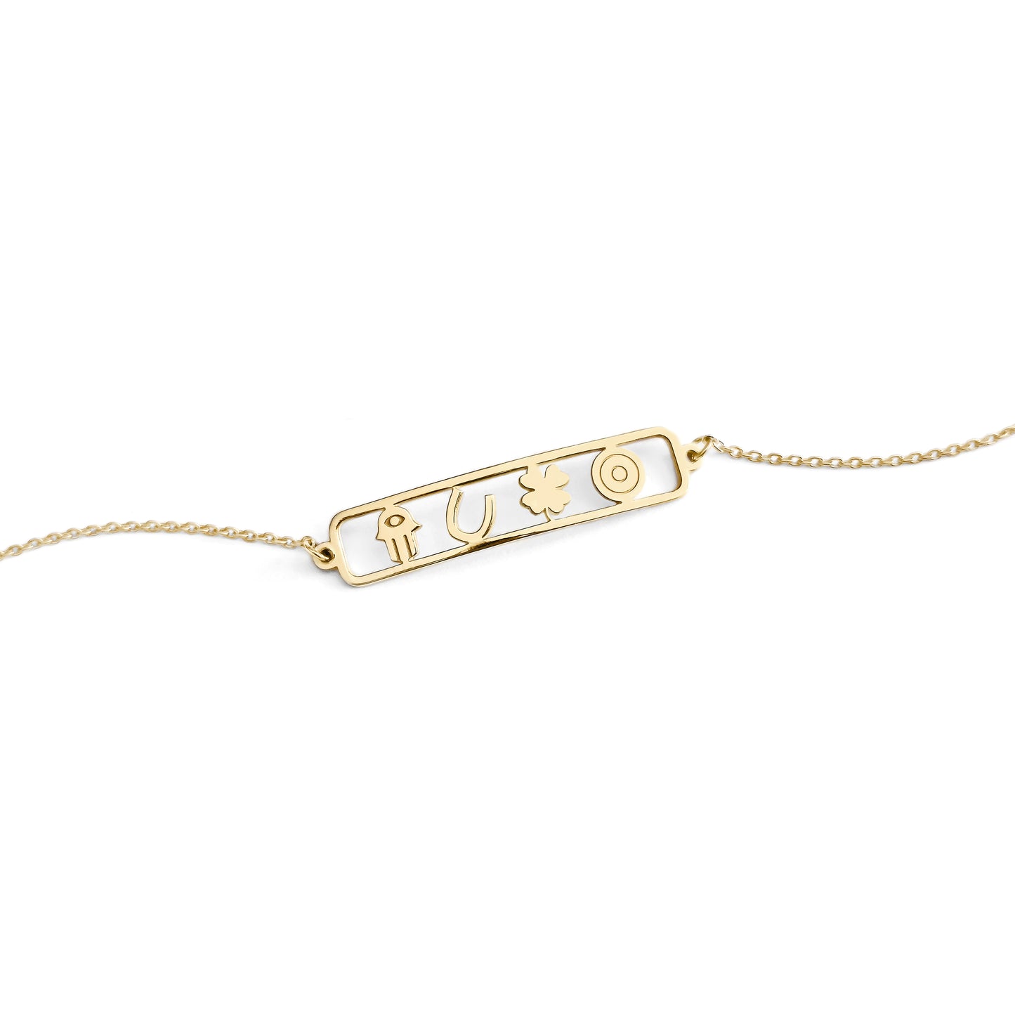 open bar bracelet with four lucky charms, a hamsa, a horseshoe, a clover and an evil eye made in solid yellow gold