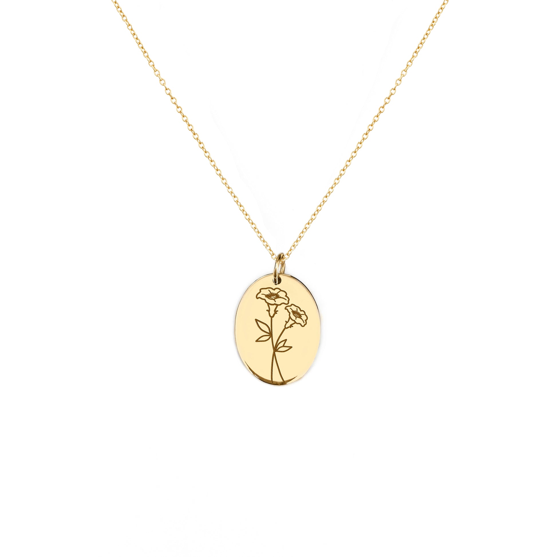 solid yellow gold oval pendant necklace engraved with the birth flower of September Morning Glory
